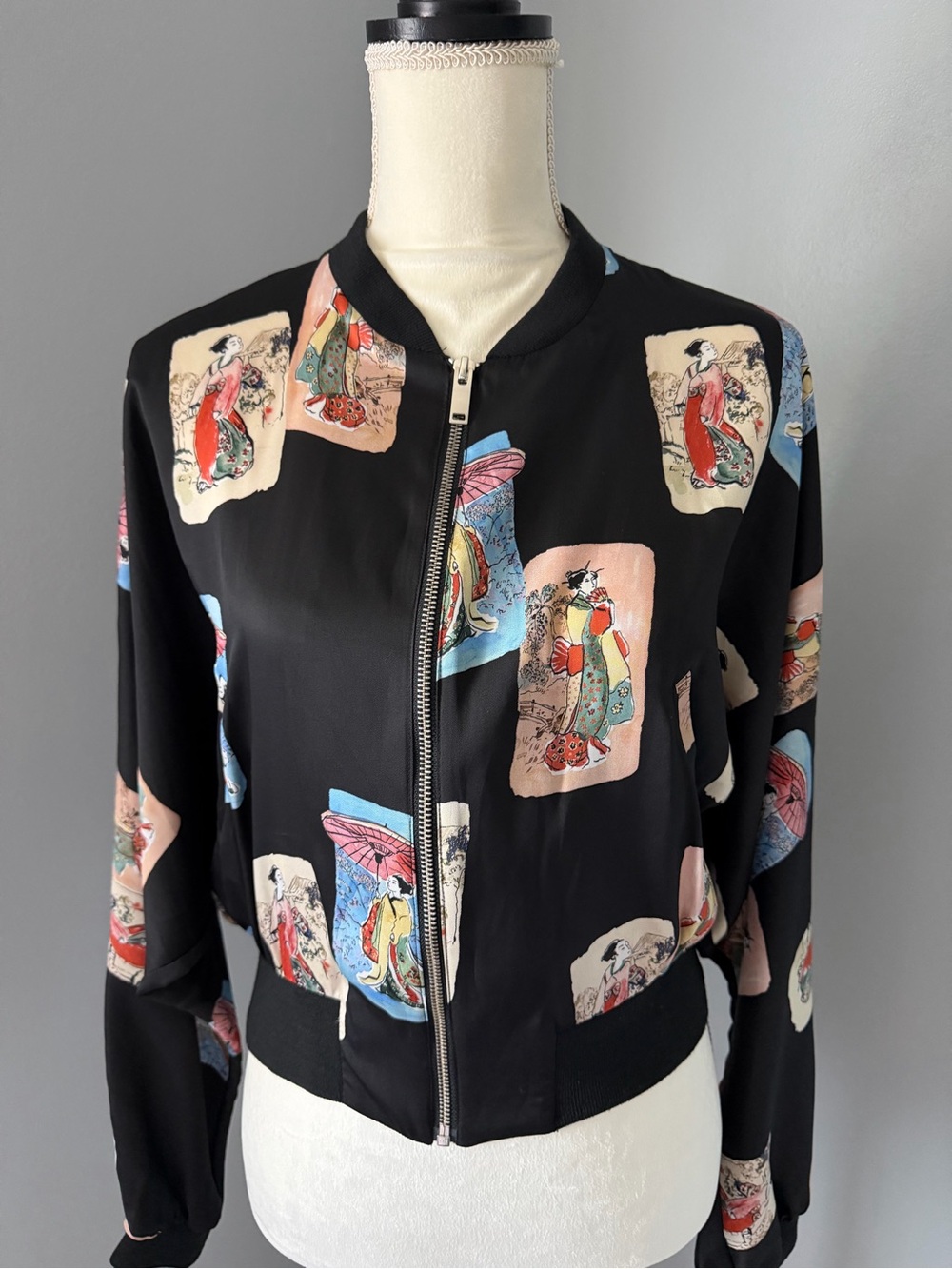 Zara Black Bomber Jacket with Multicolor Geisha Panels